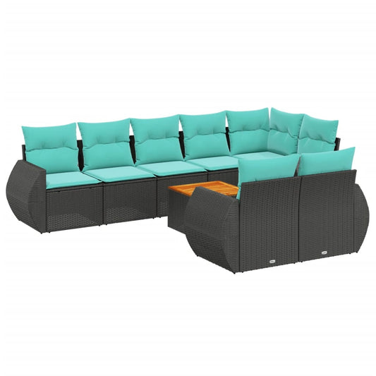 9-teiliges Gartensofa-Set mit Kissen, schwarzes Polyrattan
