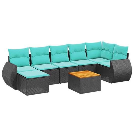 8-teiliges Gartensofa-Set mit Kissen, schwarzes Polyrattan
