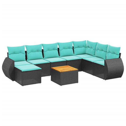 9-teiliges Gartensofa-Set mit Kissen, schwarzes Polyrattan