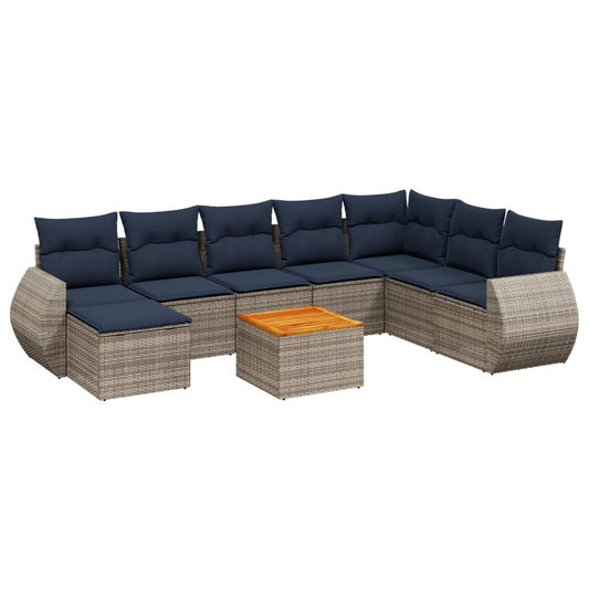 9-teiliges Gartensofa-Set mit Kissen, grau, Polyrattan