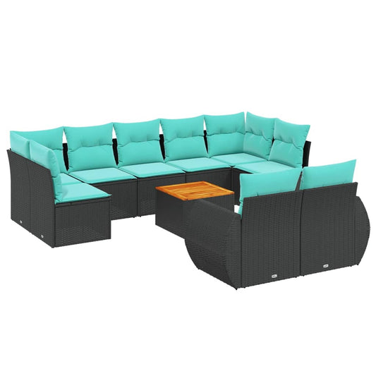 10-teiliges Gartensofa-Set mit Kissen, schwarzes Polyrattan