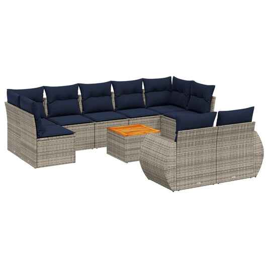 10-teiliges Gartensofa-Set mit Kissen, grau, Polyrattan