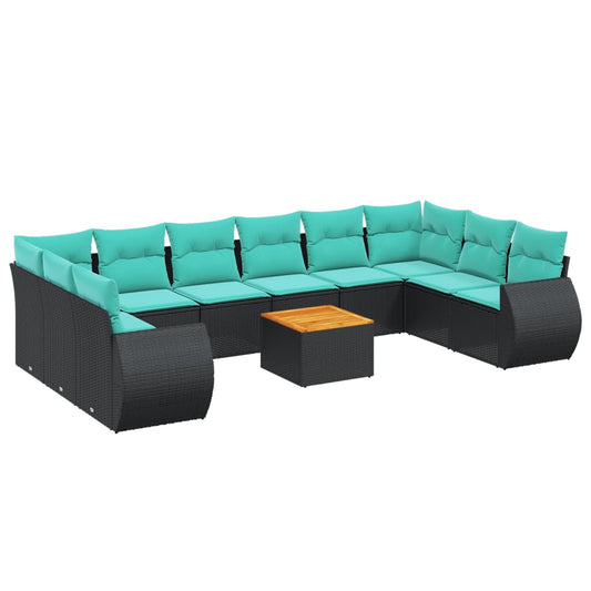11-teiliges Gartensofa-Set mit Kissen, schwarzes Polyrattan