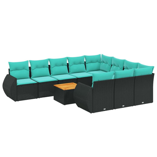 11-teiliges Gartensofa-Set mit Kissen, schwarzes Polyrattan