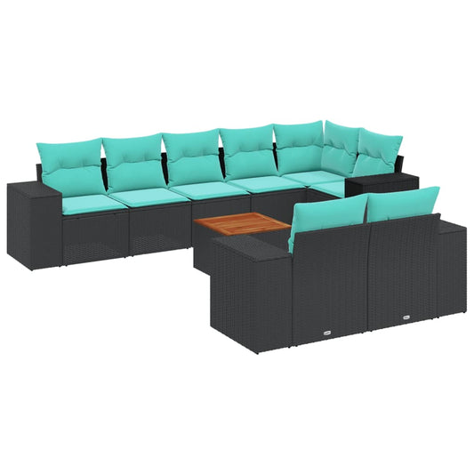 9-teiliges Gartensofa-Set mit Kissen, schwarzes Polyrattan