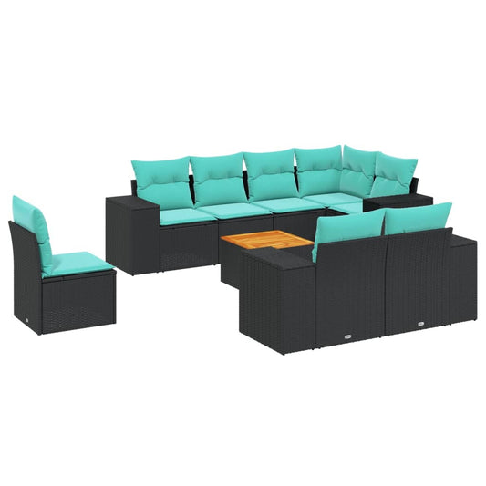 9-teiliges Gartensofa-Set mit Kissen, schwarzes Polyrattan