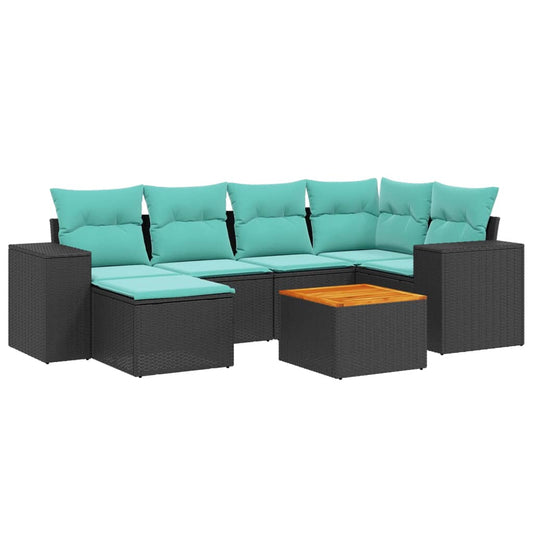 7-teiliges Gartensofa-Set mit Kissen, schwarzes Polyrattan