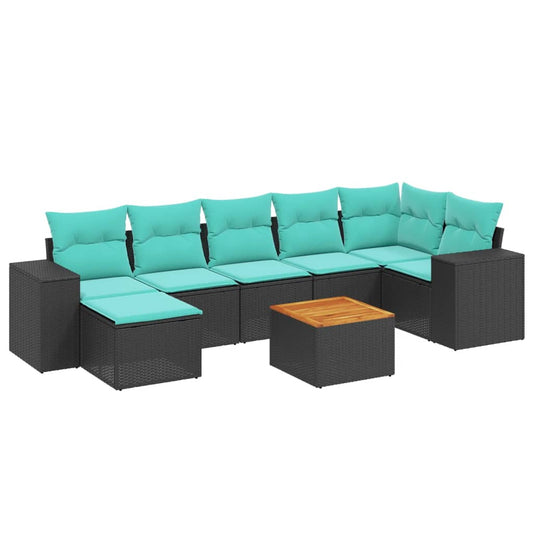 8-teiliges Gartensofa-Set mit Kissen, schwarzes Polyrattan