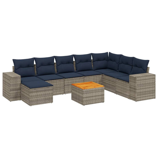 9-teiliges Gartensofa-Set mit Kissen, grau, Polyrattan
