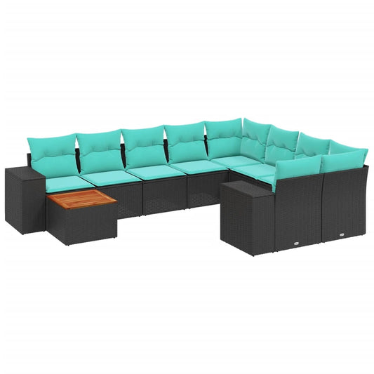 10-teiliges Gartensofa-Set mit Kissen, schwarzes Polyrattan