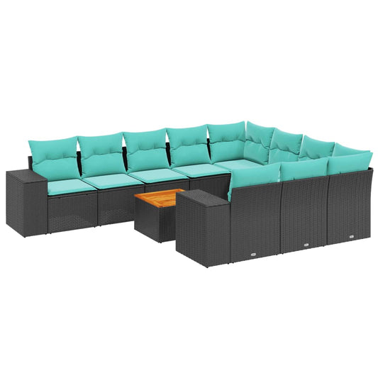 11-teiliges Gartensofa-Set mit Kissen, schwarzes Polyrattan