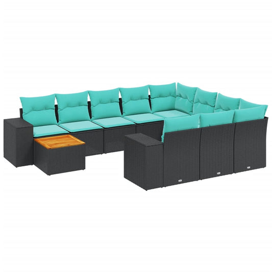 11-teiliges Gartensofa-Set mit Kissen, schwarzes Polyrattan