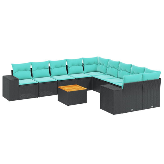 11-teiliges Gartensofa-Set mit Kissen, schwarzes Polyrattan