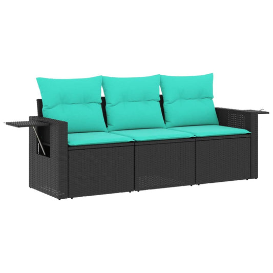 3-teiliges Gartensofa-Set mit Kissen, schwarzes Polyrattan