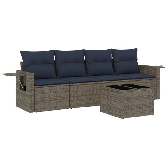 5-teiliges Gartensofa-Set mit Kissen, grau, Polyrattan