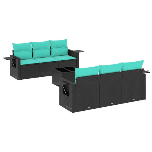 7-teiliges Gartensofa-Set mit Kissen, schwarzes Polyrattan