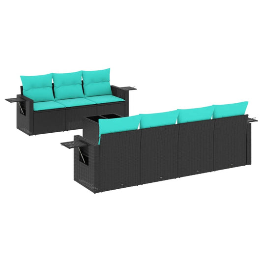 8-teiliges Gartensofa-Set mit Kissen, schwarzes Polyrattan