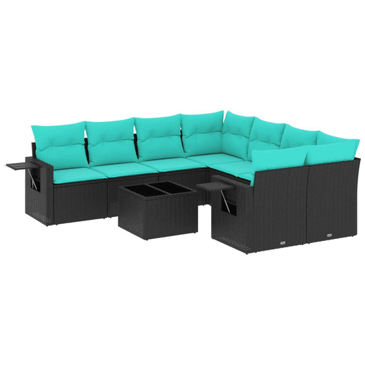 9-teiliges Gartensofa-Set mit Kissen, schwarzes Polyrattan