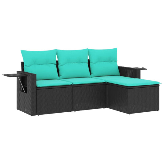 4-teiliges Gartensofa-Set mit Kissen, schwarzes Polyrattan