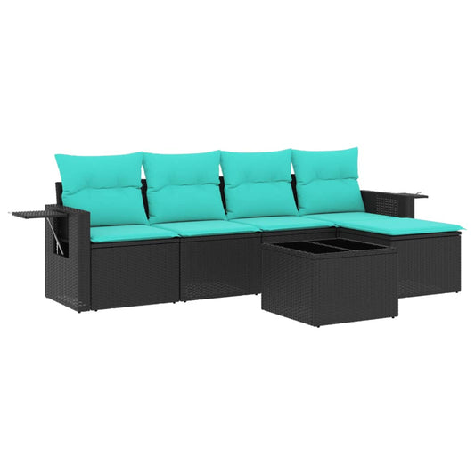 6-teiliges Gartensofa-Set mit Kissen, schwarzes Polyrattan