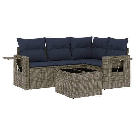 5-teiliges Gartensofa-Set mit Kissen, grau, Polyrattan