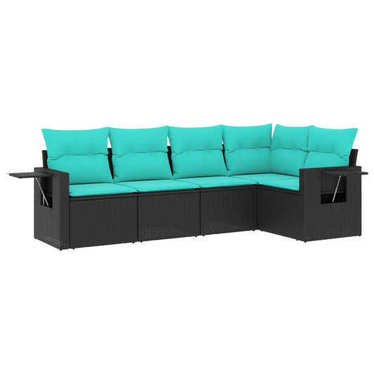 5-teiliges Gartensofa-Set mit Kissen, schwarzes Polyrattan