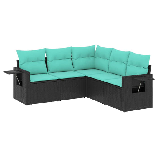 5-teiliges Gartensofa-Set mit Kissen, schwarzes Polyrattan
