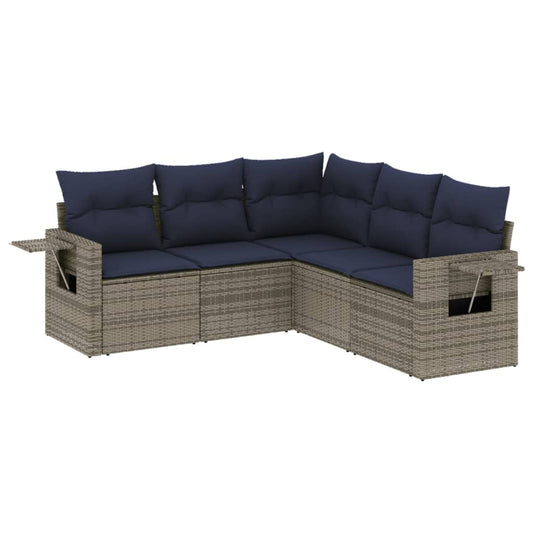 5-teiliges Gartensofa-Set mit Kissen, grau, Polyrattan