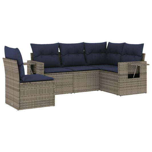 5-teiliges Gartensofa-Set mit Kissen, grau, Polyrattan