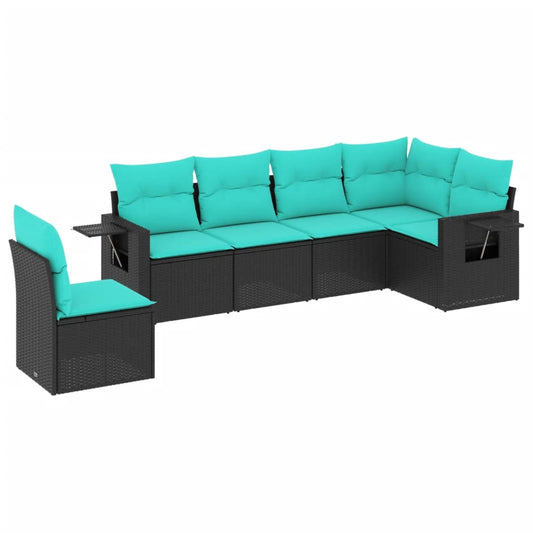 6-teiliges Gartensofa-Set mit Kissen, schwarzes Polyrattan