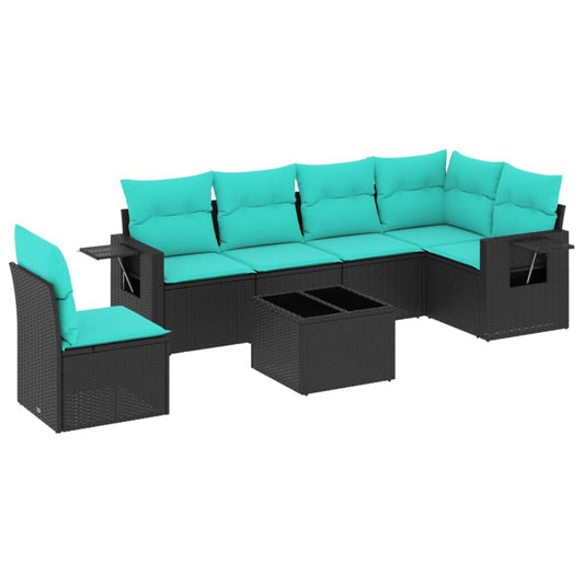 7-teiliges Gartensofa-Set mit Kissen, schwarzes Polyrattan