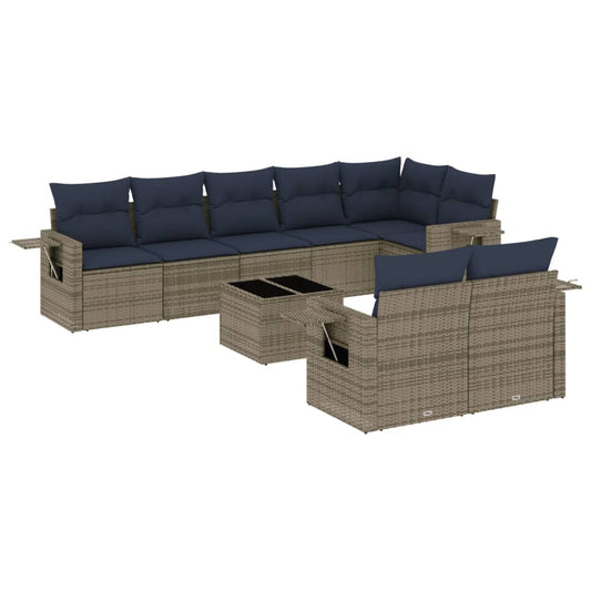 9-teiliges Gartensofa-Set mit Kissen, grau, Polyrattan