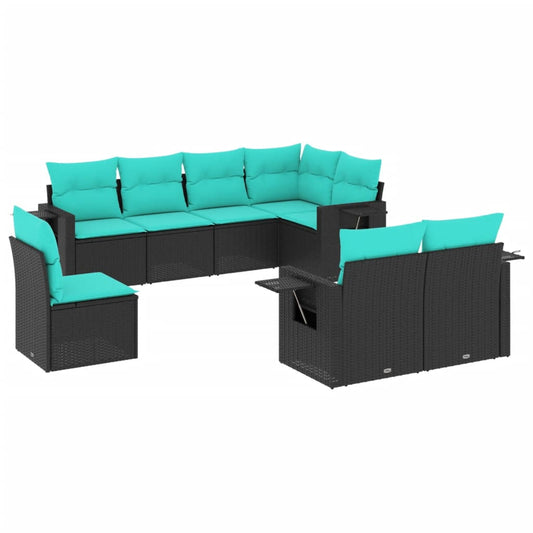 8-teiliges Gartensofa-Set mit Kissen, schwarzes Polyrattan