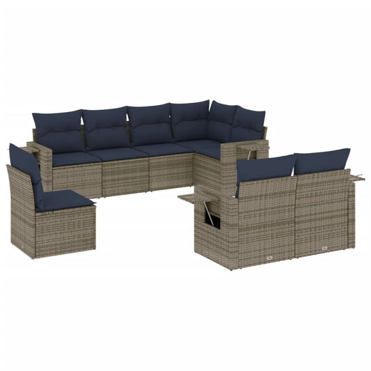 8-teiliges Gartensofa-Set mit Kissen, grau, Polyrattan