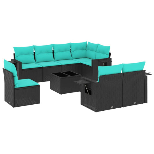9-teiliges Gartensofa-Set mit Kissen, schwarzes Polyrattan