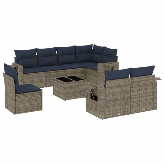 9-teiliges Gartensofa-Set mit Kissen, grau, Polyrattan