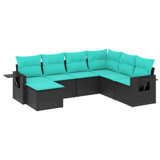 7-teiliges Gartensofa-Set mit Kissen, schwarzes Polyrattan