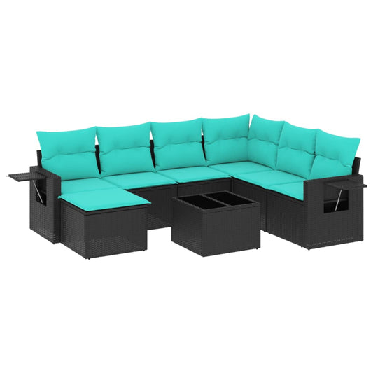 8-teiliges Gartensofa-Set mit Kissen, schwarzes Polyrattan
