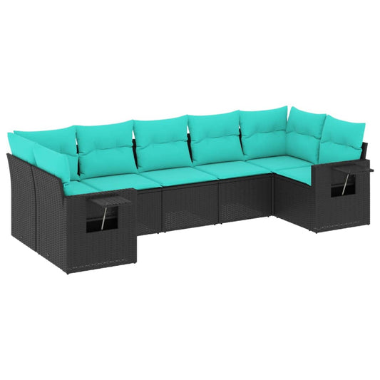 7-teiliges Gartensofa-Set mit Kissen, schwarzes Polyrattan