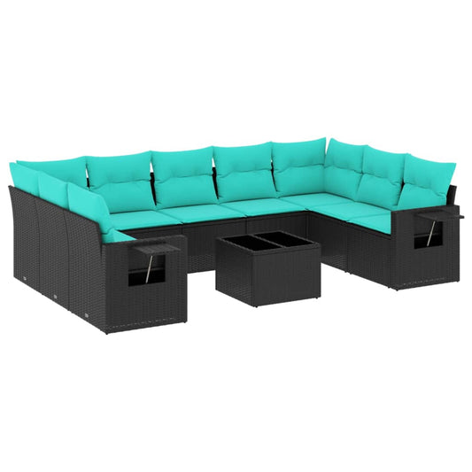 10-teiliges Gartensofa-Set mit Kissen, schwarzes Polyrattan