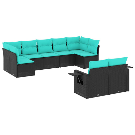 9-teiliges Gartensofa-Set mit Kissen, schwarzes Polyrattan