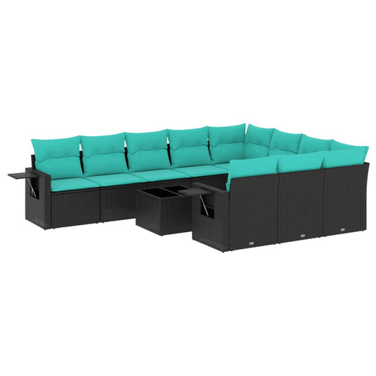 11-teiliges Gartensofa-Set mit Kissen, schwarzes Polyrattan