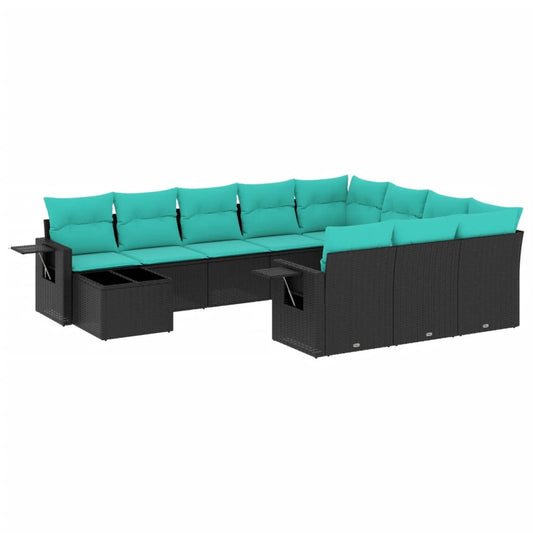 11-teiliges Gartensofa-Set mit Kissen, schwarzes Polyrattan