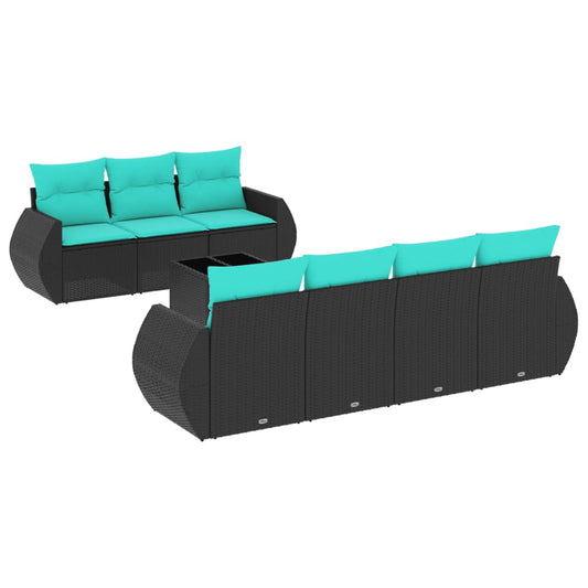 8-teiliges Gartensofa-Set mit Kissen, schwarzes Polyrattan