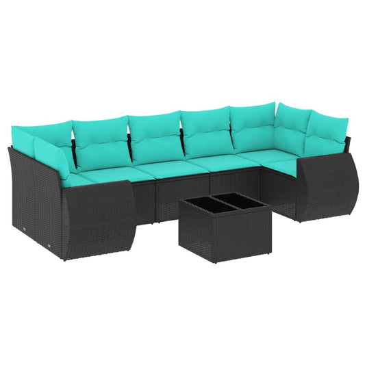 8-teiliges Gartensofa-Set mit Kissen, schwarzes Polyrattan