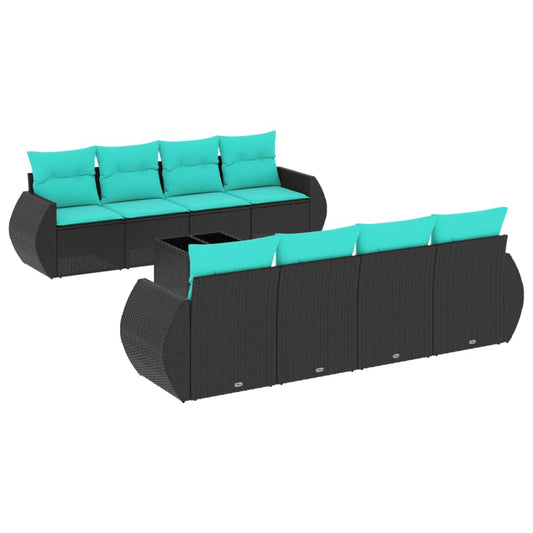 9-teiliges Gartensofa-Set mit Kissen, schwarzes Polyrattan