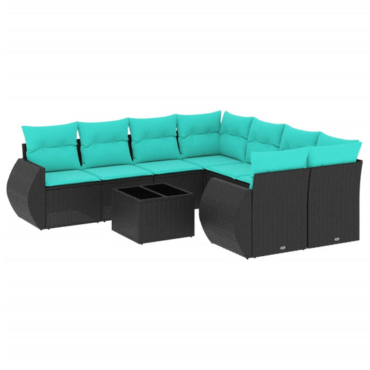 9-teiliges Gartensofa-Set mit Kissen, schwarzes Polyrattan