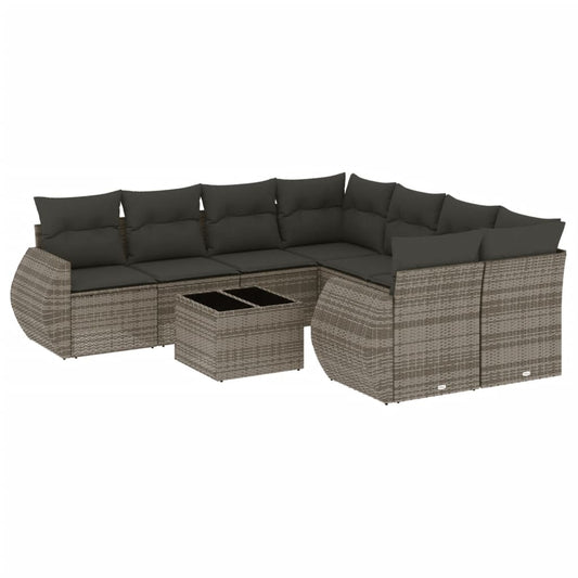 9-teiliges Gartensofa-Set mit Kissen, grau, Polyrattan