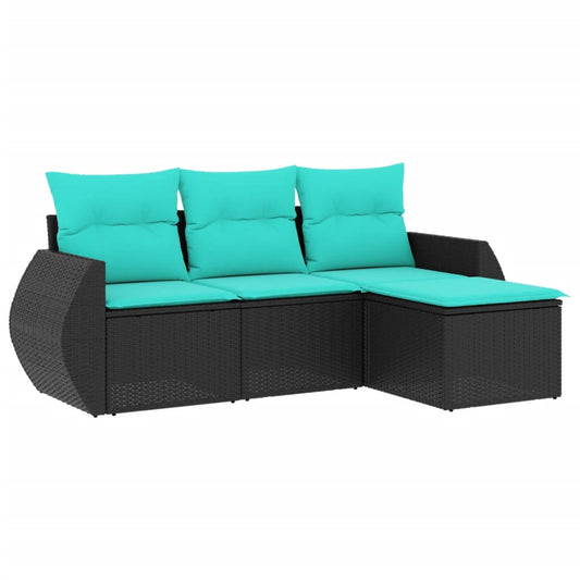 4-teiliges Gartensofa-Set mit Kissen, schwarzes Polyrattan