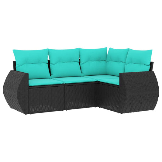 4-teiliges Gartensofa-Set mit Kissen, schwarzes Polyrattan
